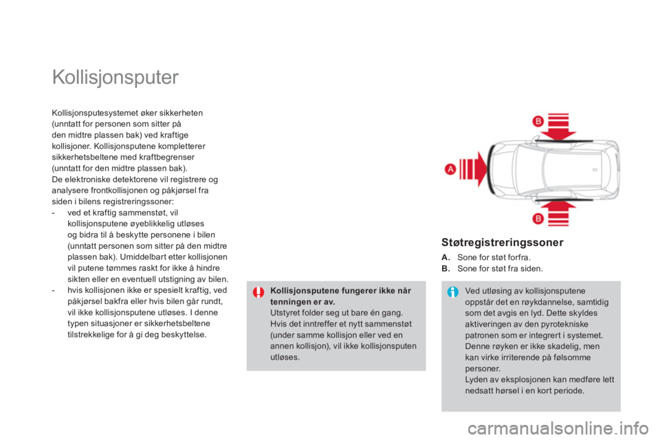 CITROEN DS3 2014  InstruksjonsbØker (in Norwegian)   Kollisjonsputer 
Kollisjonsputesystemet øker sikkerheten (unntatt for personen som sitter på 
den midtre plassen bak) ved kraftige 
kollisjoner. Kollisjonsputene kompletterer 
sikkerhetsbeltene me