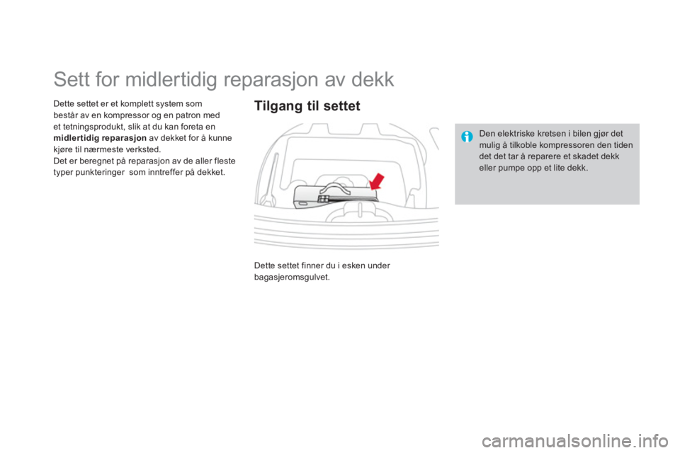 CITROEN DS3 2014 InstruksjonsbØker (in Norwegian)
Sett for midlertidig reparasjon av dekk
Dette settet er et komplett system som
består av en kompressor og en patron med
et tetningsprodukt, slik at du kan foreta en midler CITROEN DS3 2014 InstruksjonsbØker (in Norwegian)
Sett for midlertidig reparasjon av dekk
Dette settet er et komplett system som
består av en kompressor og en patron med
et tetningsprodukt, slik at du kan foreta en midler
