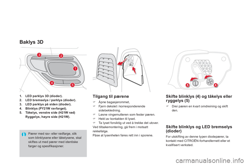 CITROEN DS3 2014  InstruksjonsbØker (in Norwegian)    
Skifte blinklys (4) og tåkelys eller 
ryggelys (5) 
�)Drei pæren en kvar t omdreining og skiftden.
   
Skifte blinklys og LED bremselys (dioder)
 
For utskifting av denne typen diodepærer, ta 
