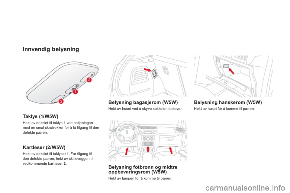 CITROEN DS3 2014  InstruksjonsbØker (in Norwegian) Innvendig belysning 
Ta k lys (1/W5W)
Hekt av dekslet til taklys  1  ved betjeningen med en smal skrutrekker for å få tilgang til den 
defekte pæren.
Kartleser (2/W5W)
Hekt av dekslet til taklyset 