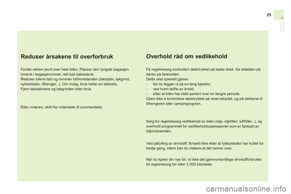 CITROEN DS3 2014  InstruksjonsbØker (in Norwegian) 25
   
Reduser årsakene til overforbruk
 
 
Fordel vekten jevnt over hele bilen. Plasser den tyngste bagasjeninnerst i bagasjerommet, rett bak baksetene.  
Reduser bilens last og minimer luftmotstand