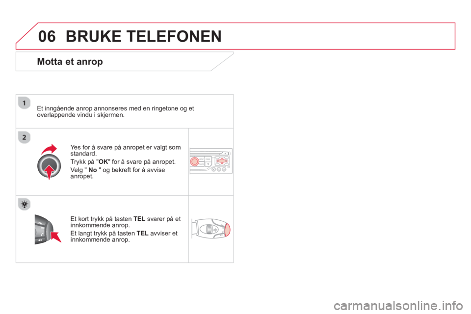 CITROEN DS3 2014 InstruksjonsbØker (in Norwegian) 06BRUKE TELEFONEN
Motta et anrop
Et inngående anrop annonseres med en ringetone og et
overlappende vindu i skjermen.
Yes for å svare på anropet er valgt som
standard.
Tr
ykk på "OK" for CITROEN DS3 2014 InstruksjonsbØker (in Norwegian) 06BRUKE TELEFONEN
Motta et anrop
Et inngående anrop annonseres med en ringetone og et
overlappende vindu i skjermen.
Yes for å svare på anropet er valgt som
standard.
Tr
ykk på "OK" for