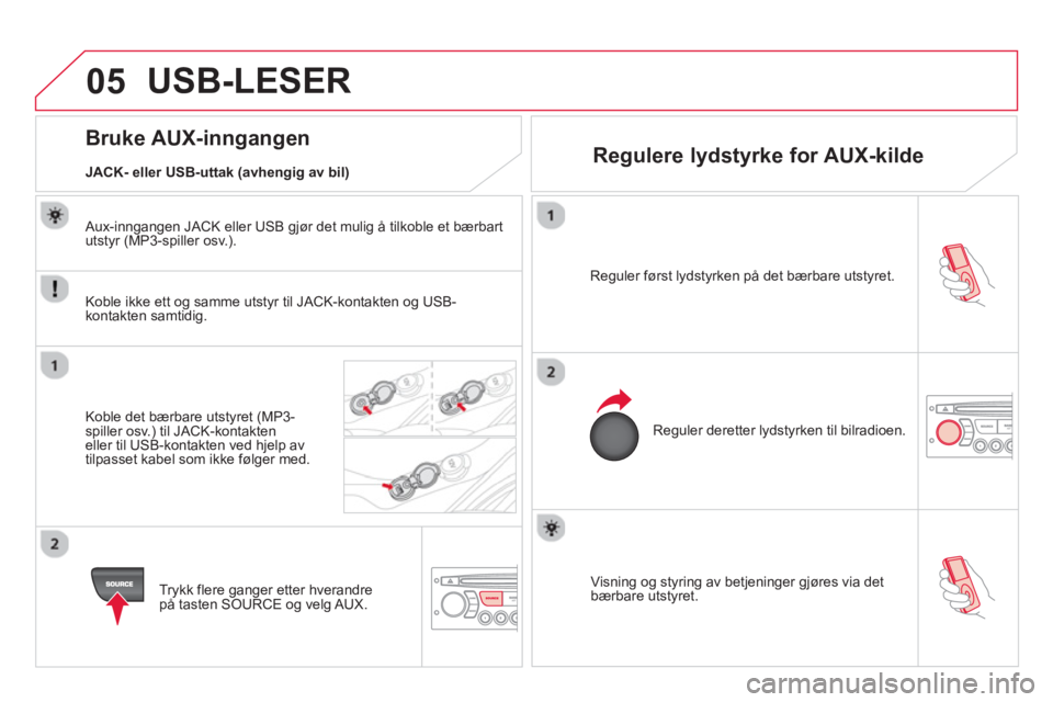 CITROEN DS3 2014 InstruksjonsbØker (in Norwegian) 05
Visning og styring av betjeninger gjøres via det bærbare utstyret. Re
guler først lydstyrken på det bærbare utstyret.
Re
guler deretter lydstyrken til bilradioen.
CITROEN DS3 2014 InstruksjonsbØker (in Norwegian) 05
Visning og styring av betjeninger gjøres via det bærbare utstyret. Re
guler først lydstyrken på det bærbare utstyret.
Re
guler deretter lydstyrken til bilradioen.