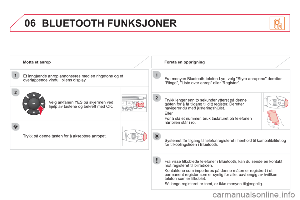 CITROEN DS3 2014 InstruksjonsbØker (in Norwegian) 06
Motta et anrop
Et inngående anrop annonseres med en ringetone og et overlappende vindu i bilens display.
Ve l
g arkfanen YES på skjermen ved hjelp av tastene og bekreft med OK.
Tr CITROEN DS3 2014 InstruksjonsbØker (in Norwegian) 06
Motta et anrop
Et inngående anrop annonseres med en ringetone og et overlappende vindu i bilens display.
Ve l
g arkfanen YES på skjermen ved hjelp av tastene og bekreft med OK.
Tr