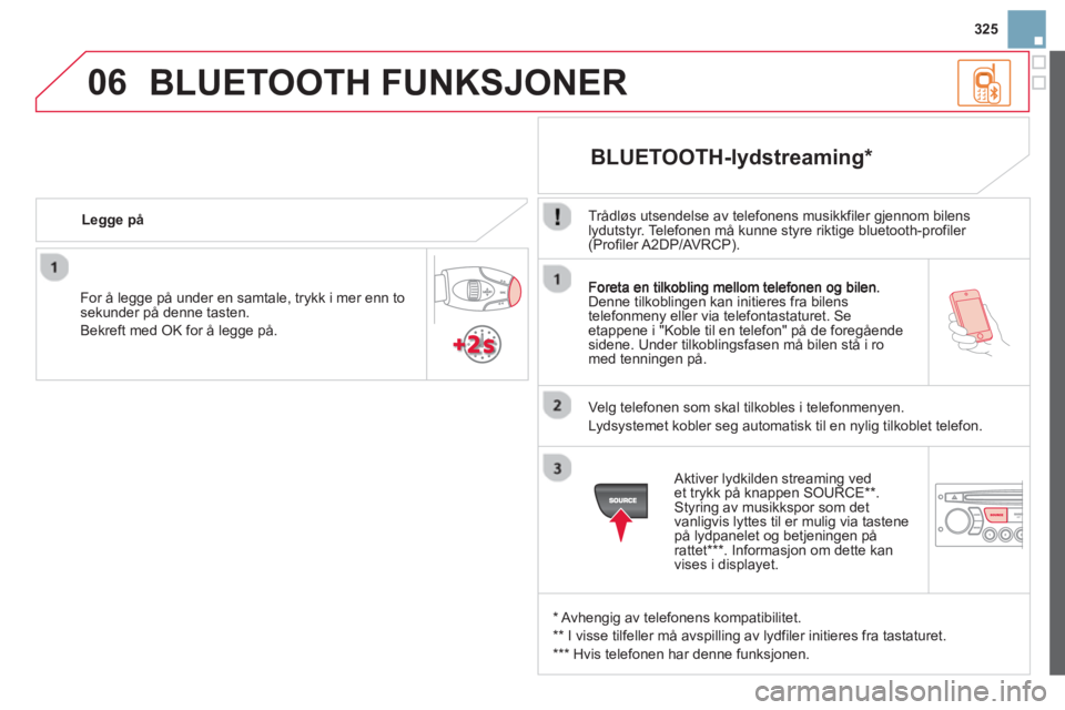 CITROEN DS3 2014 InstruksjonsbØker (in Norwegian) 325
06
Denne tilkoblingen kan initieres fra bilens
telefonmeny eller via telefontastaturet. Se
etappene i "Koble til en telefon" på de foregåendesidene. Under tilkoblingsfasen må bilen stå i ro
CITROEN DS3 2014 InstruksjonsbØker (in Norwegian) 325
06
Denne tilkoblingen kan initieres fra bilens
telefonmeny eller via telefontastaturet. Se
etappene i "Koble til en telefon" på de foregåendesidene. Under tilkoblingsfasen må bilen stå i ro