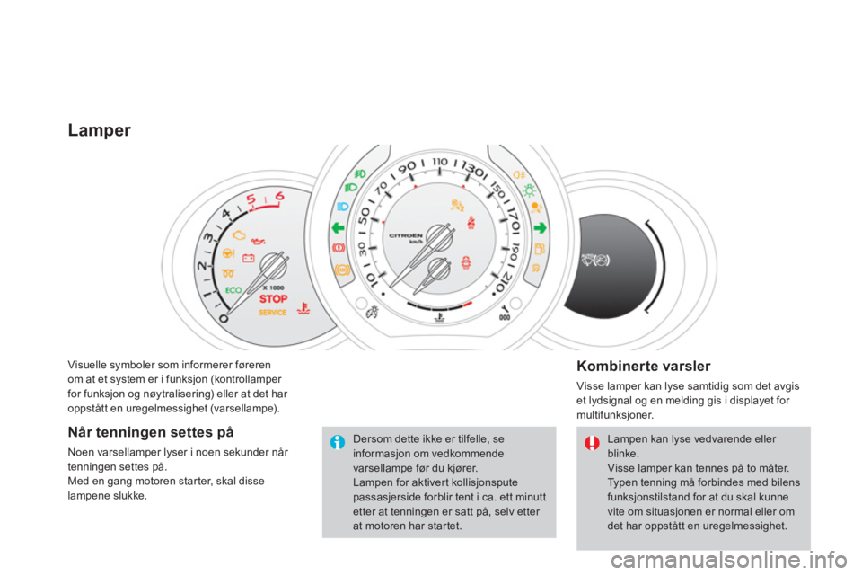 CITROEN DS3 2014 InstruksjonsbØker (in Norwegian) Visuelle symboler som informerer føreren
om at et system er i funksjon (kontrollamper for funksjon og nøytralisering) eller at det har
oppstått en uregelmessighet (varsellampe).
Lamper
Komb CITROEN DS3 2014 InstruksjonsbØker (in Norwegian) Visuelle symboler som informerer føreren
om at et system er i funksjon (kontrollamper for funksjon og nøytralisering) eller at det har
oppstått en uregelmessighet (varsellampe).
Lamper
Komb