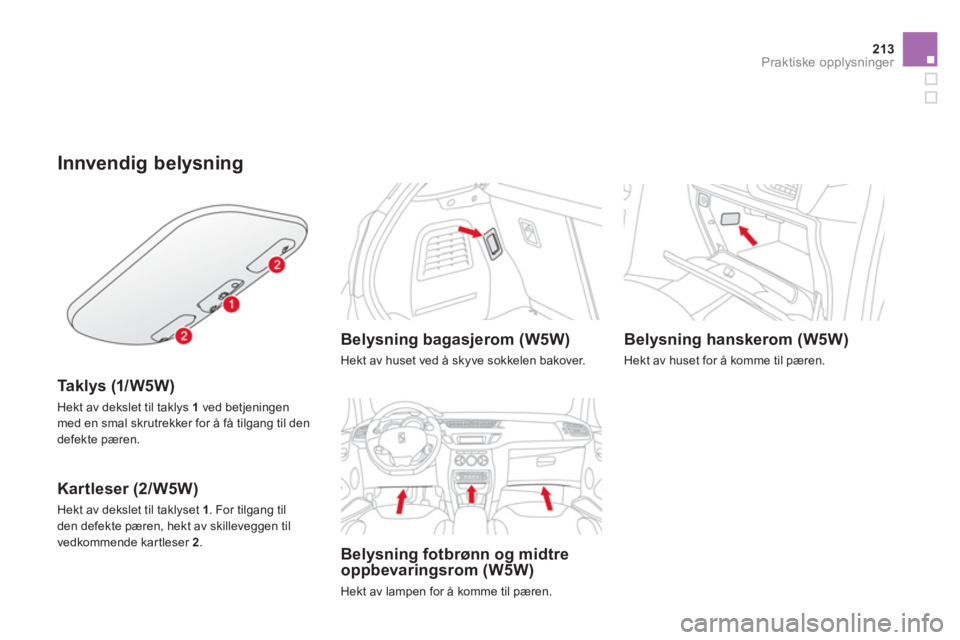 CITROEN DS3 2013  InstruksjonsbØker (in Norwegian) 213Praktiske opplysninger
Innvendig belysning
   
Ta k lys (1/W5W)
 Hekt av dekslet til taklys 1ved betjeningen med en smal skrutrekker for å få tilgang til den 
defekte pæren.
   
Kartleser (2/W5W