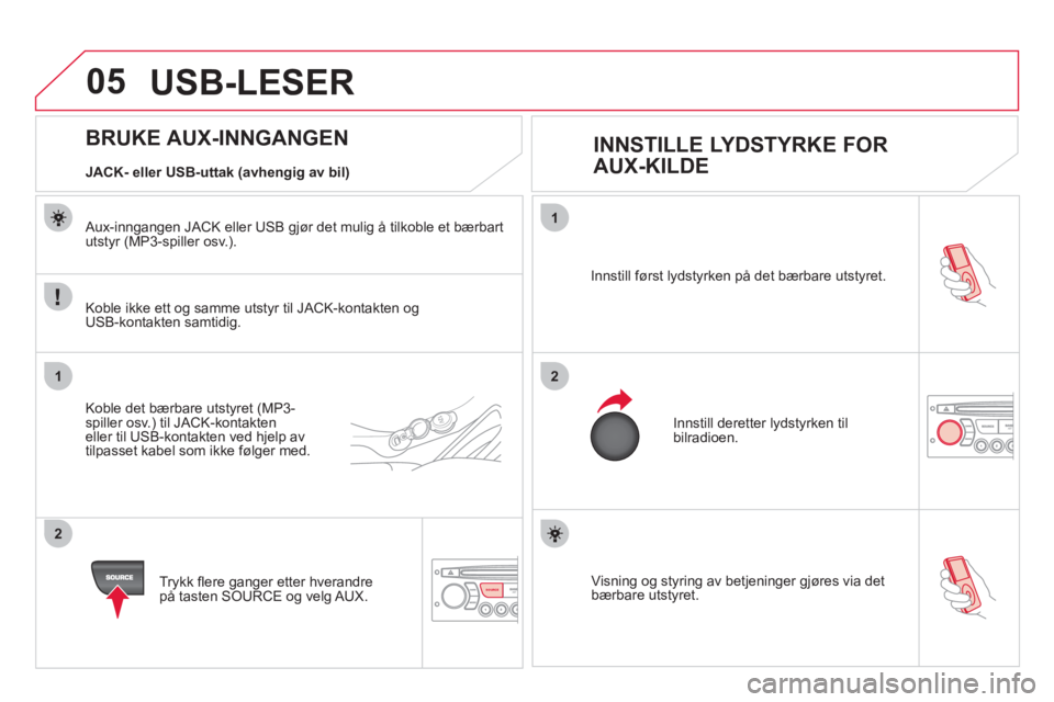 CITROEN DS3 2013  InstruksjonsbØker (in Norwegian) 05
1
21
2
SOURCE Visning og styring av betjeninger gjøres via det 
bærbare utstyret. Innstill først l
ydstyrken på det bærbare utstyret.
 
Innstill deretter lydstyrken tilbilradioen. 
   
 
 
 
 