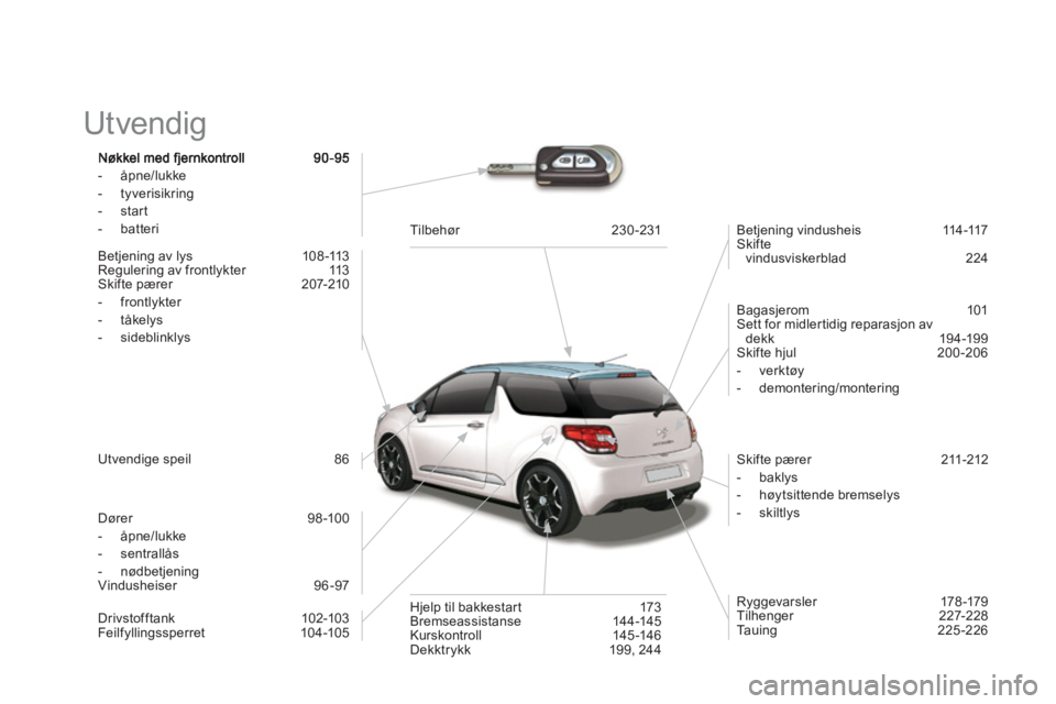 CITROEN DS3 2013 InstruksjonsbØker (in Norwegian) Utvendig
- åpne/lukke
- tyverisikring- start
- batteri
Bet
jening av lys 108 -113
Regulering av frontlykter 113
Skifte pærer 207-210
- frontl
ykter
- tåkelys
- sideblinklysBet
jenin CITROEN DS3 2013 InstruksjonsbØker (in Norwegian) Utvendig
- åpne/lukke
- tyverisikring- start
- batteri
Bet
jening av lys 108 -113
Regulering av frontlykter 113
Skifte pærer 207-210
- frontl
ykter
- tåkelys
- sideblinklysBet
jenin