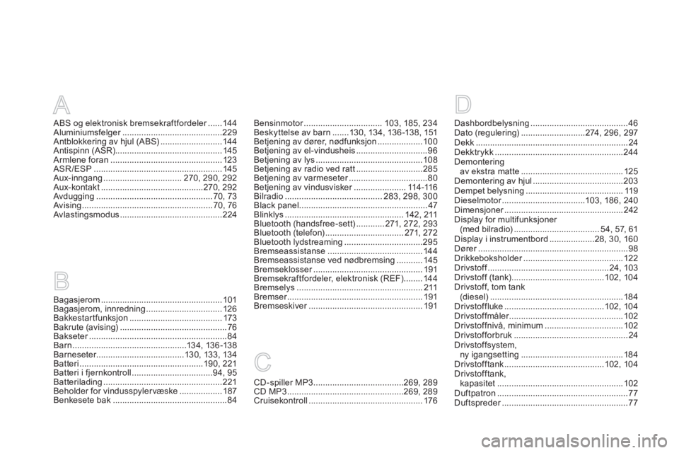 CITROEN DS3 2013  InstruksjonsbØker (in Norwegian) A
ABS og elektronisk bremsekraftfordeler......r144Aluminiumsfelger..........................................r229Antblokkering av hjul (ABS) ..........................14 4Antispinn (ASR)...............