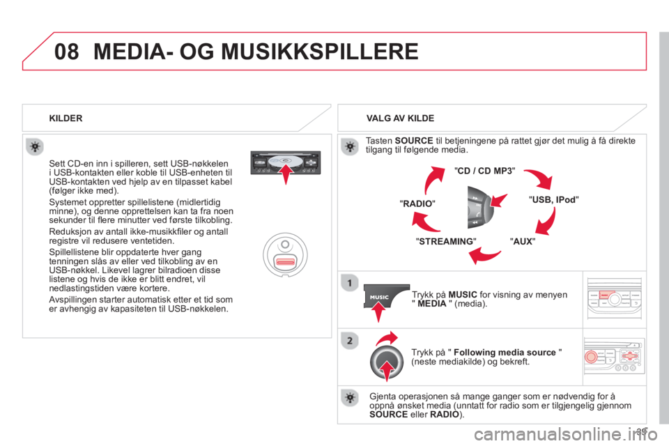 CITROEN DS3 2013  InstruksjonsbØker (in Norwegian) 39
08MEDIA- OG MUSIKKSPILLERE 
   Sett CD-en inn i spilleren, sett USB-nøkkelen
i USB-kontakten eller koble til USB-enheten tilUSB-kontakten ved hjelp av en tilpasset kabel(følger ikke med).
  S
yst