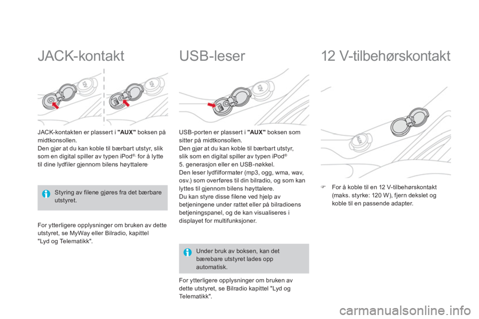 CITROEN DS3 2011  InstruksjonsbØker (in Norwegian)    
 
 
 
 
 
JACK-kontakt 
JACK-kontakten er plasser t i  "AU X "boksen påmidtkonsollen. 
Den gjør at du kan koble til bærbart utstyr, s l i k som en digital spiller av typen iPod®,for å lytte
t