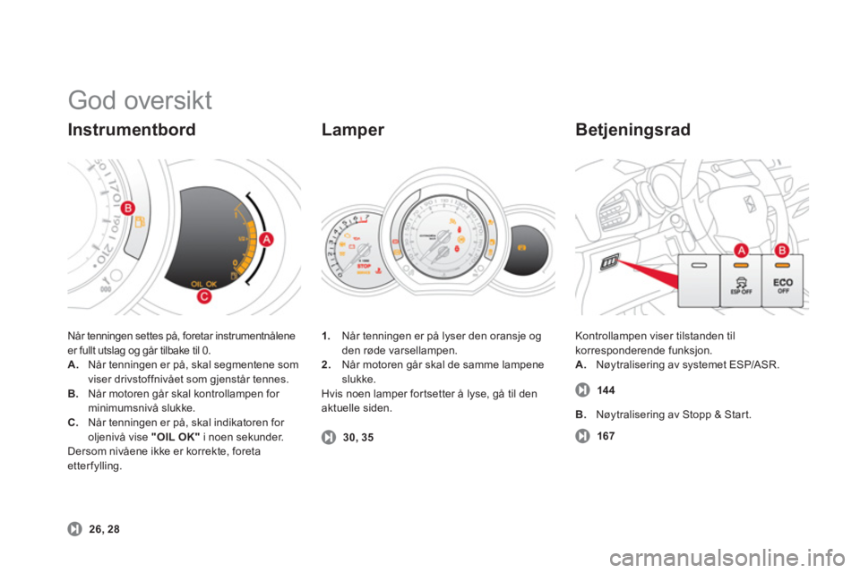 CITROEN DS3 2011  InstruksjonsbØker (in Norwegian)   God oversikt 
Når tenningen settes på, foretar instrumentnåleneer fullt utslag og går tilbake til 0.A. 
 Når tenningen er på, skal segmentene som 
viser drivstoffnivået som gjenstår tennes.B