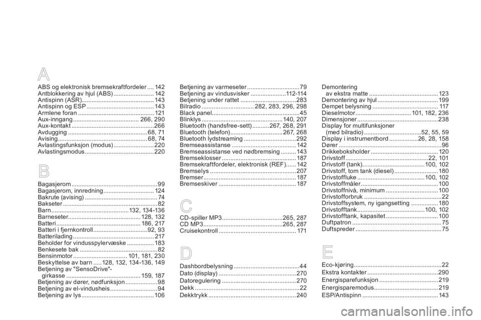 CITROEN DS3 2011  InstruksjonsbØker (in Norwegian) A
ABS og elektronisk bremsekraftfordeler....r142Antblokkering av hjul (ABS)........................142Antispinn (ASR)...........................................143Antispinn og ESP ....................
