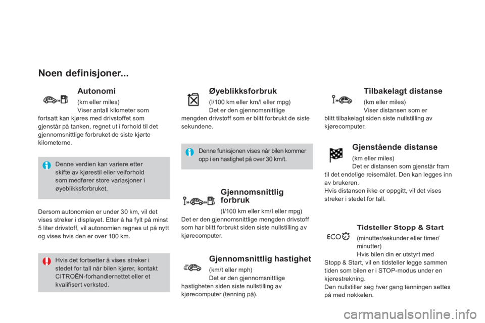 CITROEN DS3 2011  InstruksjonsbØker (in Norwegian) Noen definisjoner... 
   
Autonomi 
 (km eller miles) 
Viser antall kilometer som 
for tsatt kan kjøres med drivstoffet som gjenstår på tanken, regnet ut i forhold til detgjennomsnittlige forbruket