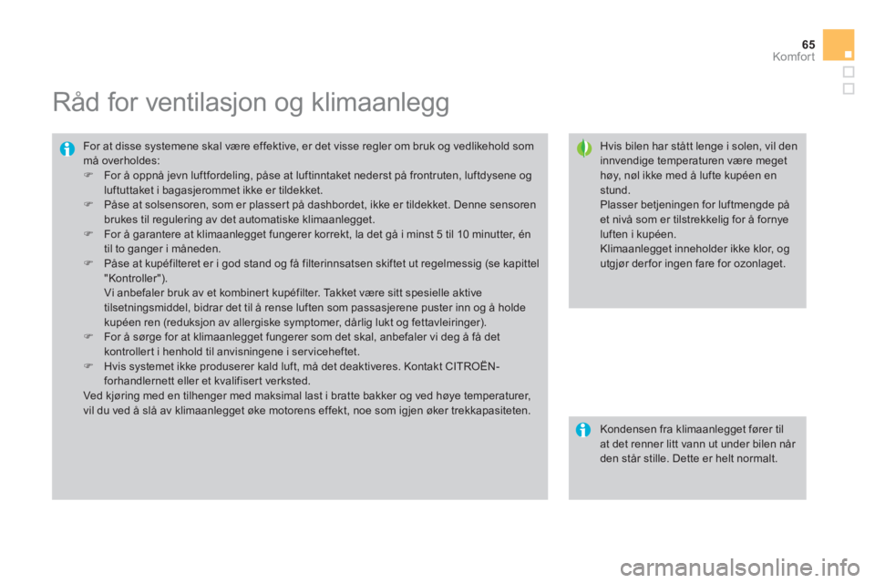 CITROEN DS3 2011  InstruksjonsbØker (in Norwegian) 65
Komfor t
   
 
 
 
 
 
 
 
 
 
 
Råd for ventilasjon og klimaanlegg 
 
 
Hvis bilen har stått lenge i solen, vil den innvendige temperaturen være megethøy, nøl ikke med å lufte kupéen en stu