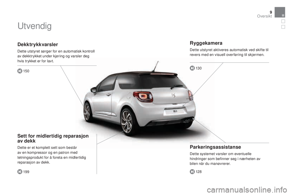 CITROEN DS3 CABRIO 2017 InstruksjonsbØker (in Norwegian) 9
DS3_no_Chap00b_vue-ensemble_ed02-2015
Dekktrykkvarsler
Dette utstyret sørger for en automatisk kontroll
av dekktrykket under kjøring og varsler deg
hvis trykket er for lavt.150
19 9
Sett for mid CITROEN DS3 CABRIO 2017 InstruksjonsbØker (in Norwegian) 9
DS3_no_Chap00b_vue-ensemble_ed02-2015
Dekktrykkvarsler
Dette utstyret sørger for en automatisk kontroll
av dekktrykket under kjøring og varsler deg
hvis trykket er for lavt.150
19 9
Sett for mid