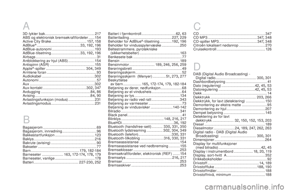 CITROEN DS3 CABRIO 2017 InstruksjonsbØker (in Norwegian) DS3_no_Chap12_index-recherche_ed02-2015
A
3D-lykter bak .................................................2 17
ABS og elektronisk bremsekraftfordeler ...... 15 4
A
ctive City Brake
................... CITROEN DS3 CABRIO 2017 InstruksjonsbØker (in Norwegian) DS3_no_Chap12_index-recherche_ed02-2015
A
3D-lykter bak .................................................2 17
ABS og elektronisk bremsekraftfordeler ...... 15 4
A
ctive City Brake
...................