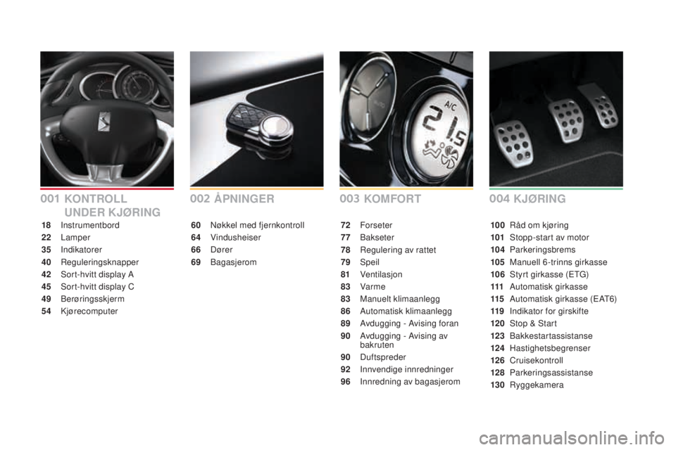 CITROEN DS3 CABRIO 2017  InstruksjonsbØker (in Norwegian) DS3_no_Chap00a_sommaire_ed02-2015
KOMFORT
ÅPnIngER
60 Nøkkel med fjernkontroll
64
 V
 indusheiser
66
 Dør

er
69
 Ba

gasjerom 72 Fo
rseter
77
 B

akseter
78
 Re

gulering av rattet
79
 Spe

il
81
