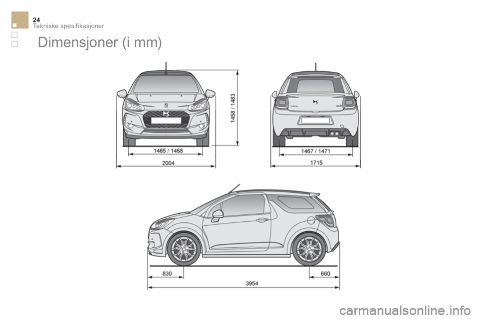 CITROEN DS3 CABRIO 2017 InstruksjonsbØker (in Norwegian) Tekniske spesifikasjoner24
Dimensjoner (i mm) CITROEN DS3 CABRIO 2017 InstruksjonsbØker (in Norwegian) Tekniske spesifikasjoner24
Dimensjoner (i mm)