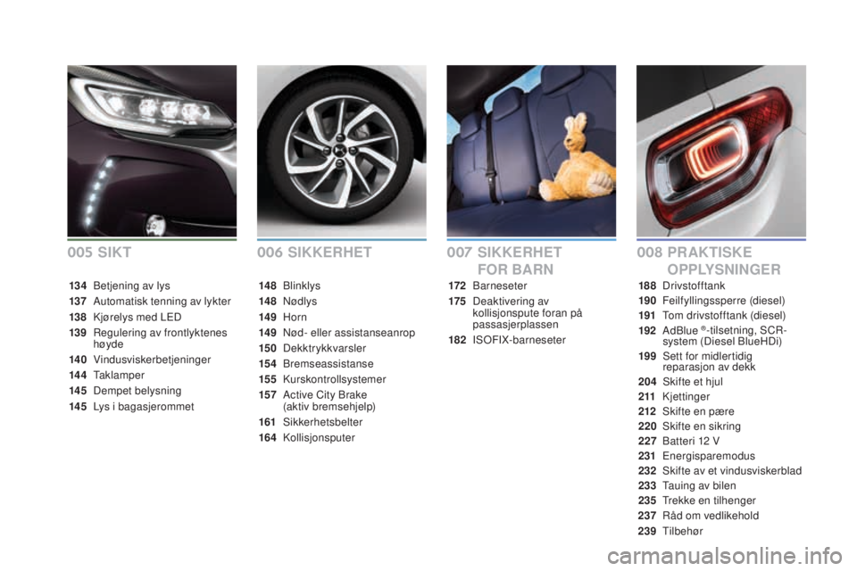 CITROEN DS3 CABRIO 2017 InstruksjonsbØker (in Norwegian) DS3_no_Chap00a_sommaire_ed02-2015
SIKKERHETPRAKTISKE
O P P LY S
nIn gE R
S
IKKERHET
FOR BA
R
n
172 Barneseter
175
Dea
ktivering av
kollisjonspute foran på
passasjerplassen
182
ISO
FIX-barne CITROEN DS3 CABRIO 2017 InstruksjonsbØker (in Norwegian) DS3_no_Chap00a_sommaire_ed02-2015
SIKKERHETPRAKTISKE
O P P LY S
nIn gE R
S
IKKERHET
FOR BA
R
n
172 Barneseter
175
Dea
ktivering av
kollisjonspute foran på
passasjerplassen
182
ISO
FIX-barne