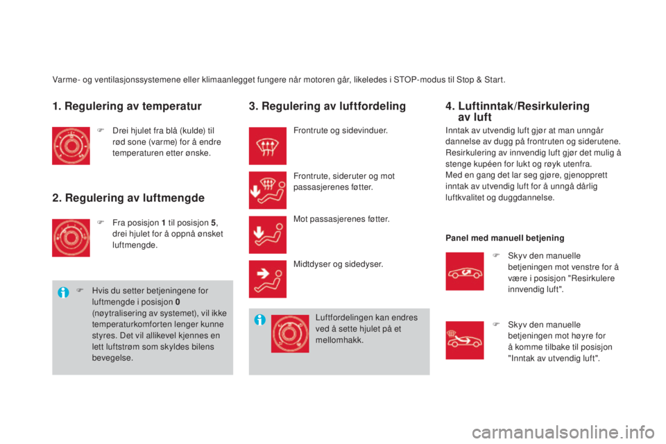 CITROEN DS3 CABRIO 2016  InstruksjonsbØker (in Norwegian) DS3_no_Chap03_confort_ed01-2015
Varme- og ventilasjonssystemene eller klimaanlegget fungere når motoren går, likeledes i STOP-modus til Stop & Start.
1. Regulering av temperatur
F Drei hjulet fra bl