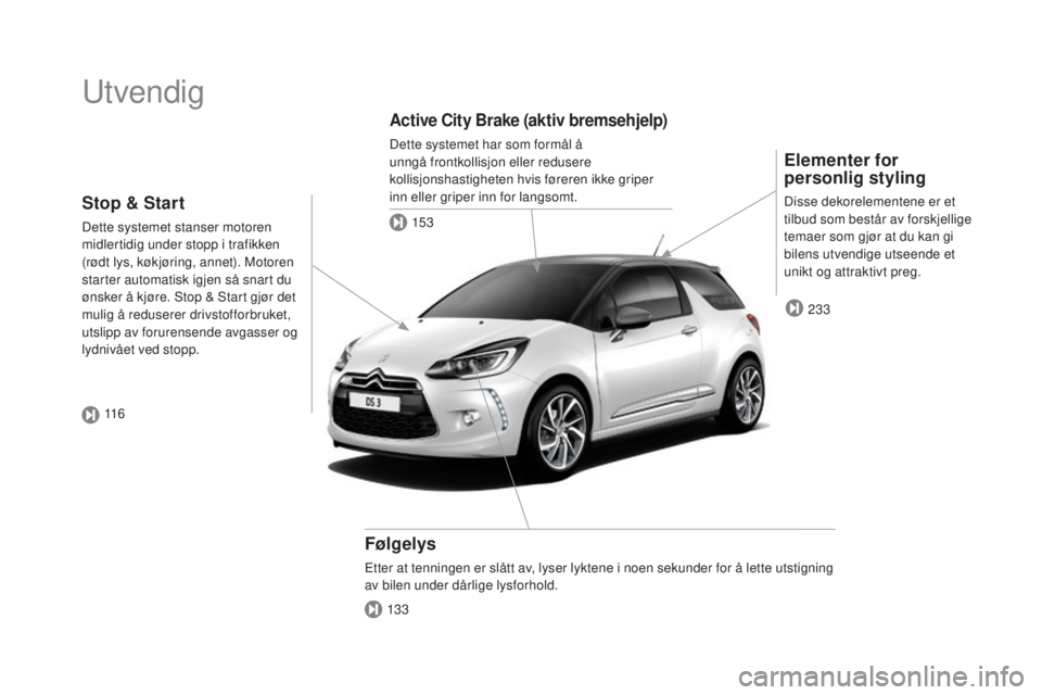 CITROEN DS3 CABRIO 2016  InstruksjonsbØker (in Norwegian) DS3_no_Chap00b_vue-ensemble_ed01-2015
Utvendig
Elementer for 
personlig styling
Disse dekorelementene er et 
tilbud som består av forskjellige 
temaer som gjør at du kan gi 
bilens utvendige utseend