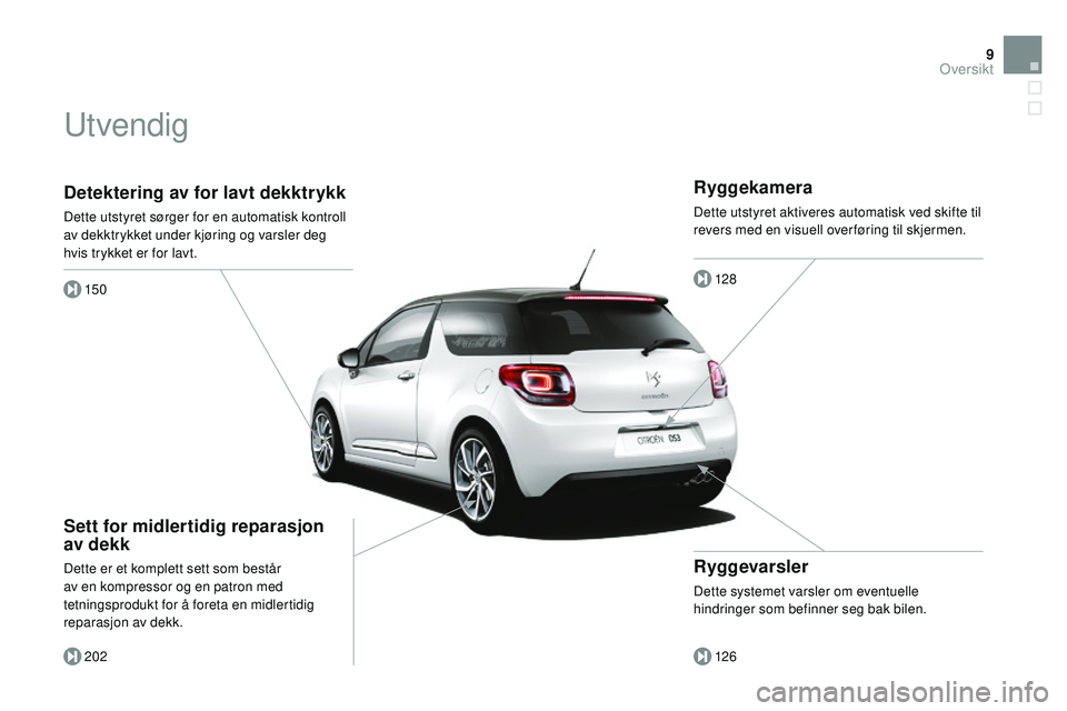 CITROEN DS3 CABRIO 2015 InstruksjonsbØker (in Norwegian) 9
DS3_no_Chap00b_vue-ensemble_ed01-2014
detektering av for lavt dekktrykk
Dette utstyret sørger for en automatisk kontroll
av dekktrykket under kjøring og varsler deg
hvis trykket er for lavt.150
CITROEN DS3 CABRIO 2015 InstruksjonsbØker (in Norwegian) 9
DS3_no_Chap00b_vue-ensemble_ed01-2014
detektering av for lavt dekktrykk
Dette utstyret sørger for en automatisk kontroll
av dekktrykket under kjøring og varsler deg
hvis trykket er for lavt.150