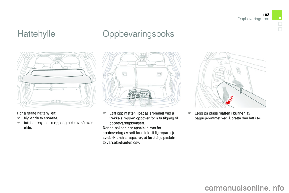 CITROEN DS3 CABRIO 2015  InstruksjonsbØker (in Norwegian) 103
DS3_no_Chap05_amenagement_ed01-2014
For å fjerne hattehyllen:
F f rigjør de to snorene,
F
 
l
 øft hattehyllen litt opp, og hekt av på hver 
side.
Hattehylle
F Løft opp matten i bagasjerommet
