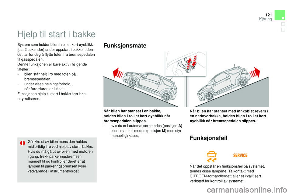 CITROEN DS3 CABRIO 2015 InstruksjonsbØker (in Norwegian) 121
DS3_no_Chap06_conduite_ed01-2014
Hjelp til start i bakke
System som holder bilen i ro i et kort øyeblikk
(ca. 2 sekunder) under oppstart i bakke, tiden
det tar for deg å flytte foten fra brem CITROEN DS3 CABRIO 2015 InstruksjonsbØker (in Norwegian) 121
DS3_no_Chap06_conduite_ed01-2014
Hjelp til start i bakke
System som holder bilen i ro i et kort øyeblikk
(ca. 2 sekunder) under oppstart i bakke, tiden
det tar for deg å flytte foten fra brem