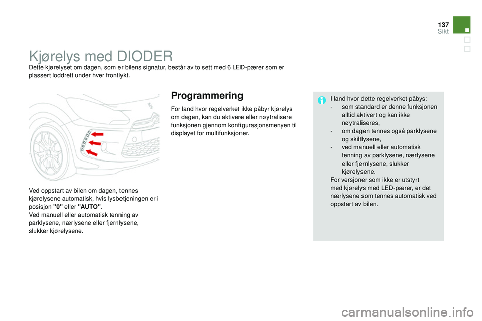 CITROEN DS3 CABRIO 2015 InstruksjonsbØker (in Norwegian) 137
DS3_no_Chap07_visibilite_ed01-2014
kjørelys med DiODErDette kjørelyset om dagen, som er bilens signatur, består av to sett med 6 LED-pærer som er
p lassert loddrett under hver frontlykt.
ve
CITROEN DS3 CABRIO 2015 InstruksjonsbØker (in Norwegian) 137
DS3_no_Chap07_visibilite_ed01-2014
kjørelys med DiODErDette kjørelyset om dagen, som er bilens signatur, består av to sett med 6 LED-pærer som er
p lassert loddrett under hver frontlykt.
ve