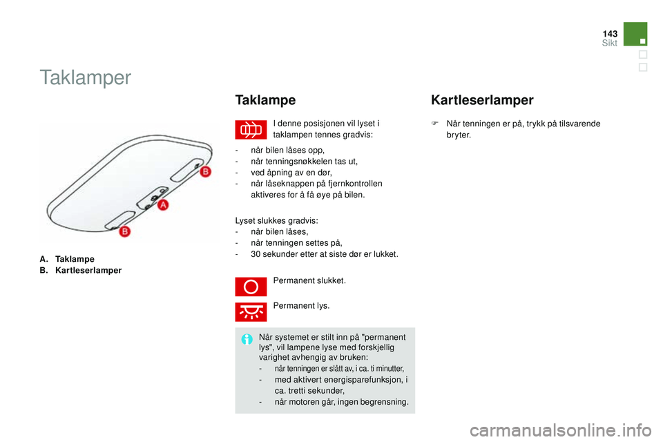 CITROEN DS3 CABRIO 2015  InstruksjonsbØker (in Norwegian) 143
DS3_no_Chap07_visibilite_ed01-2014
A. Tak l a m p e
B. Kartleserlamper
Taklamper
i denne posisjonen vil lyset i 
t aklampen tennes gradvis:
Ta k l a m p e
- når bilen låses opp,
-  n år tenning