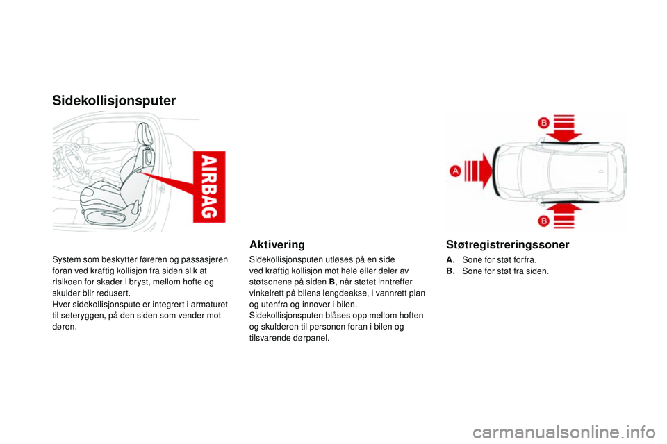CITROEN DS3 CABRIO 2015  InstruksjonsbØker (in Norwegian) Sidekollisjonsputer
System som beskytter føreren og passasjeren 
foran ved kraftig kollisjon fra siden slik at 
risikoen for skader i bryst, mellom hofte og 
skulder blir redusert.
Hver sidekollisjon