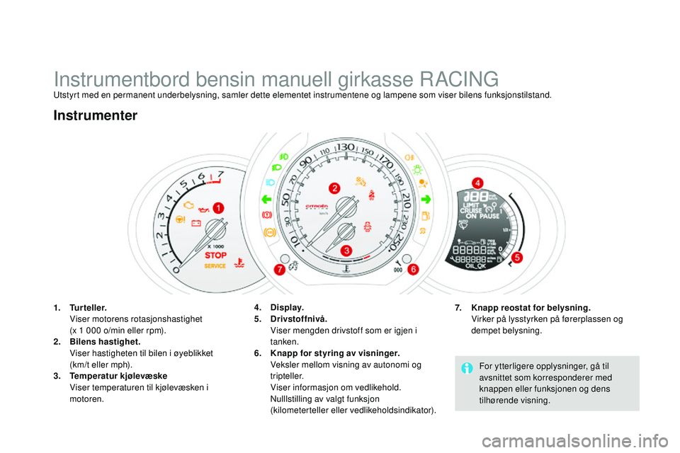 CITROEN DS3 CABRIO 2015  InstruksjonsbØker (in Norwegian) DS3_no_Chap01_controle-de-marche_ed01-2014
instrumentbord bensin manuell girkasse raCi ngutstyrt med en permanent underbelysning, samler dette elementet instrumentene og lampene som viser bilens funks