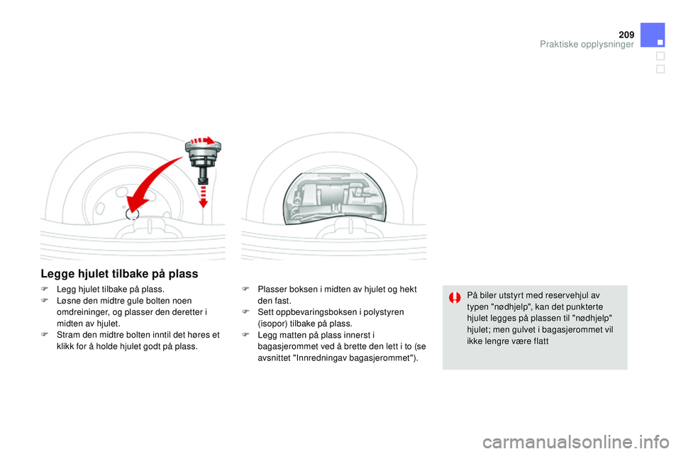 CITROEN DS3 CABRIO 2015  InstruksjonsbØker (in Norwegian) 209
DS3_no_Chap10_info-pratiques_ed01-2014
Legge hjulet tilbake på plass
F Plasser boksen i midten av hjulet og hekt den fast.
F
 
S
 ett oppbevaringsboksen i polystyren 
(isopor) tilbake på plass.
