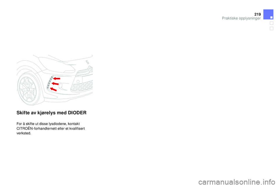 CITROEN DS3 CABRIO 2015 InstruksjonsbØker (in Norwegian) 219
DS3_no_Chap10_info-pratiques_ed01-2014
Skifte av kjørelys med dIOdER
For å skifte ut disse lysdiodene, kontakt
CiTrO
Ën- forhandlernett eller et kvalifisert
verksted.
Praktiske opplysninger CITROEN DS3 CABRIO 2015 InstruksjonsbØker (in Norwegian) 219
DS3_no_Chap10_info-pratiques_ed01-2014
Skifte av kjørelys med dIOdER
For å skifte ut disse lysdiodene, kontakt
CiTrO
Ën- forhandlernett eller et kvalifisert
verksted.
Praktiske opplysninger