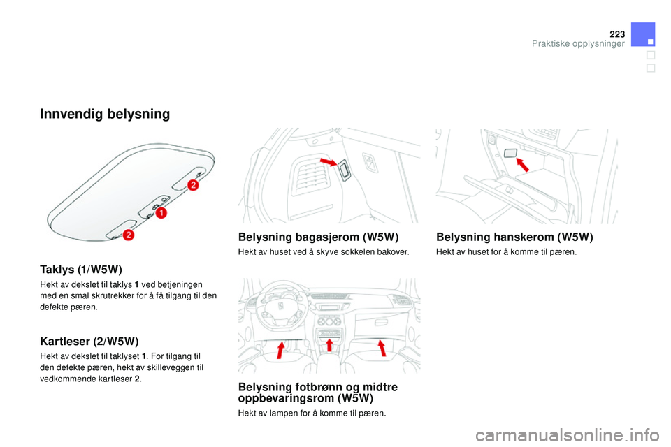 CITROEN DS3 CABRIO 2015 InstruksjonsbØker (in Norwegian) 223
DS3_no_Chap10_info-pratiques_ed01-2014
Innvendig belysning
Ta k l y s (1/ W 5 W )
Hekt av dekslet til taklys 1 ved betjeningen
m ed en smal skrutrekker for å få tilgang til den
defekte pæren CITROEN DS3 CABRIO 2015 InstruksjonsbØker (in Norwegian) 223
DS3_no_Chap10_info-pratiques_ed01-2014
Innvendig belysning
Ta k l y s (1/ W 5 W )
Hekt av dekslet til taklys 1 ved betjeningen
m ed en smal skrutrekker for å få tilgang til den
defekte pæren