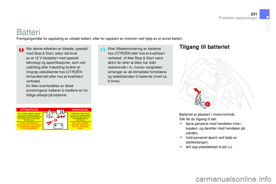 CITROEN DS3 CABRIO 2015 InstruksjonsbØker (in Norwegian) 231
DS3_no_Chap10_info-pratiques_ed01-2014
BatteriFremgangsmåte for opplading av utladet batteri, eller for oppstart av motoren ved hjelp av et annet batteri.Batteriet er plassert i motorrommet.
Slik CITROEN DS3 CABRIO 2015 InstruksjonsbØker (in Norwegian) 231
DS3_no_Chap10_info-pratiques_ed01-2014
BatteriFremgangsmåte for opplading av utladet batteri, eller for oppstart av motoren ved hjelp av et annet batteri.Batteriet er plassert i motorrommet.
Slik