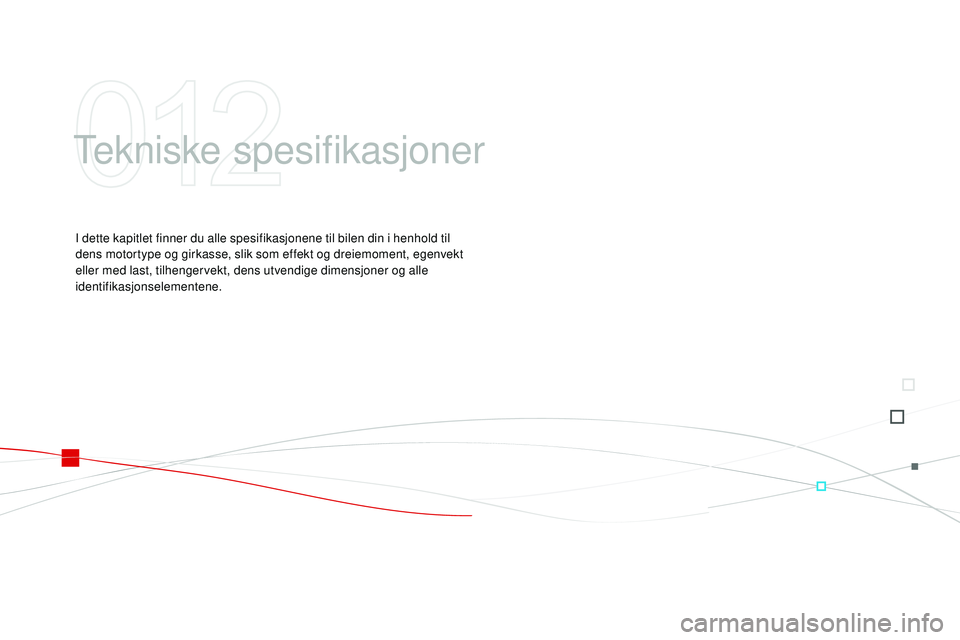 CITROEN DS3 CABRIO 2015 InstruksjonsbØker (in Norwegian) DS3_no_Chap12_caracteristiques_ed01-2014
Tekniske spesifikasjoner
i dette kapitlet finner du alle spesifikasjonene til bilen din i henhold til
d ens motortype og girkasse, slik som effekt og dreiemom CITROEN DS3 CABRIO 2015 InstruksjonsbØker (in Norwegian) DS3_no_Chap12_caracteristiques_ed01-2014
Tekniske spesifikasjoner
i dette kapitlet finner du alle spesifikasjonene til bilen din i henhold til
d ens motortype og girkasse, slik som effekt og dreiemom