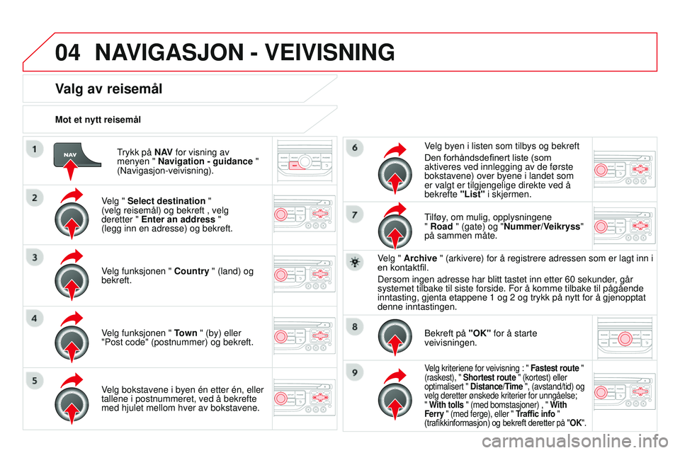 CITROEN DS3 CABRIO 2015  InstruksjonsbØker (in Norwegian) 04
DS3_no_Chap13b_rT6-2-8_ed01-2014
Trykk på N AV for visning av 
menyen " Navigation - guidance  " 
(
n avigasjon-veivisning).
Mot et nytt reisemål
Valg av reisemål
velg " 
Select dest