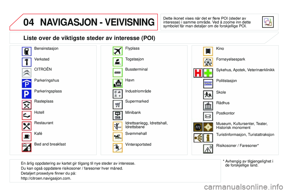 CITROEN DS3 CABRIO 2015  InstruksjonsbØker (in Norwegian) 04
DS3_no_Chap13b_rT6-2-8_ed01-2014
NAVIGASJON - VEIVISNING
Dette ikonet vises når det er flere POI (steder av 
interesse) i samme område. 
ved å zoome inn dette 
symbolet får man detaljer om de f