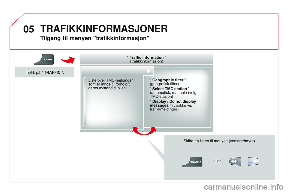 CITROEN DS3 CABRIO 2015 InstruksjonsbØker (in Norwegian) 05
DS3_no_Chap13b_rT6-2-8_ed01-2014
Tilgang til menyen "trafikkinformasjon"
Liste over TMC-meldinger
som er inndelt i forhold til
deres avstand til bilen.
Skifte fra listen til menyen (venst CITROEN DS3 CABRIO 2015 InstruksjonsbØker (in Norwegian) 05
DS3_no_Chap13b_rT6-2-8_ed01-2014
Tilgang til menyen "trafikkinformasjon"
Liste over TMC-meldinger
som er inndelt i forhold til
deres avstand til bilen.
Skifte fra listen til menyen (venst