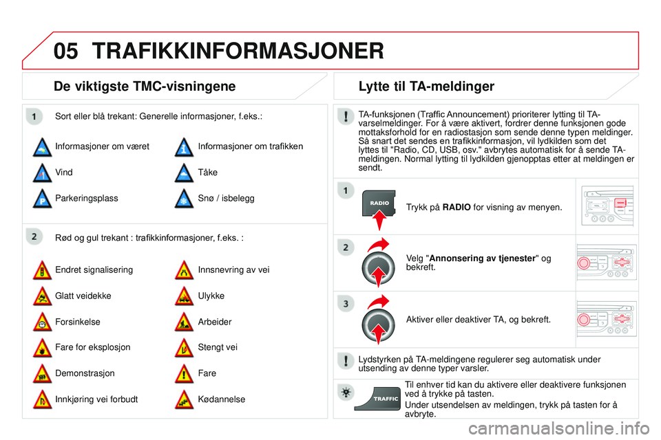 CITROEN DS3 CABRIO 2015 InstruksjonsbØker (in Norwegian) 05
DS3_no_Chap13b_rT6-2-8_ed01-2014
de viktigste TMc-visningene
Rød og gul trekant : trafikkinformasjoner, f.eks. :
Sort eller blå trekant: g enerelle informasjoner, f.eks.:
i
nformasjoner om vær CITROEN DS3 CABRIO 2015 InstruksjonsbØker (in Norwegian) 05
DS3_no_Chap13b_rT6-2-8_ed01-2014
de viktigste TMc-visningene
Rød og gul trekant : trafikkinformasjoner, f.eks. :
Sort eller blå trekant: g enerelle informasjoner, f.eks.:
i
nformasjoner om vær