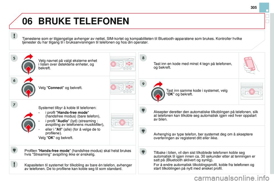 CITROEN DS3 CABRIO 2015 InstruksjonsbØker (in Norwegian) 06
305
DS3_no_Chap13b_rT6-2-8_ed01-2014
BRuKE TELEFONEN
velg "c onnect" og bekreft.
Systemet tilbyr å koble til telefonen:
-
i profil "
Hands-free mode"
(handsfree modus) (bare te CITROEN DS3 CABRIO 2015 InstruksjonsbØker (in Norwegian) 06
305
DS3_no_Chap13b_rT6-2-8_ed01-2014
BRuKE TELEFONEN
velg "c onnect" og bekreft.
Systemet tilbyr å koble til telefonen:
-
i profil "
Hands-free mode"
(handsfree modus) (bare te
