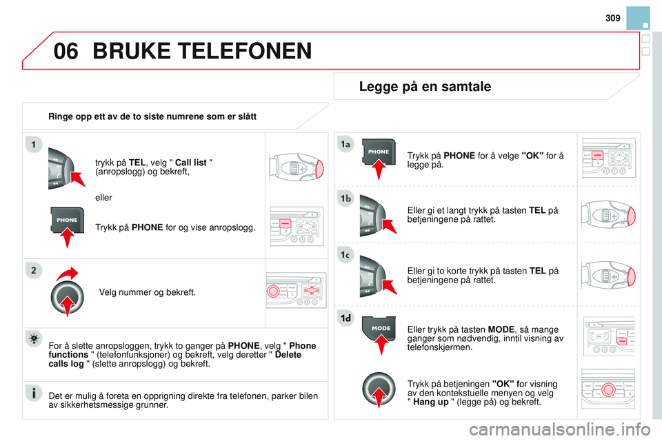CITROEN DS3 CABRIO 2015  InstruksjonsbØker (in Norwegian) 06
309
DS3_no_Chap13b_rT6-2-8_ed01-2014
BRuKE TELEFONEN
Ringe opp ett av de to siste numrene som er slått
trykk på TEL, velg "  c all list " 
(anropslogg) og bekreft,
velg nummer og bekreft.