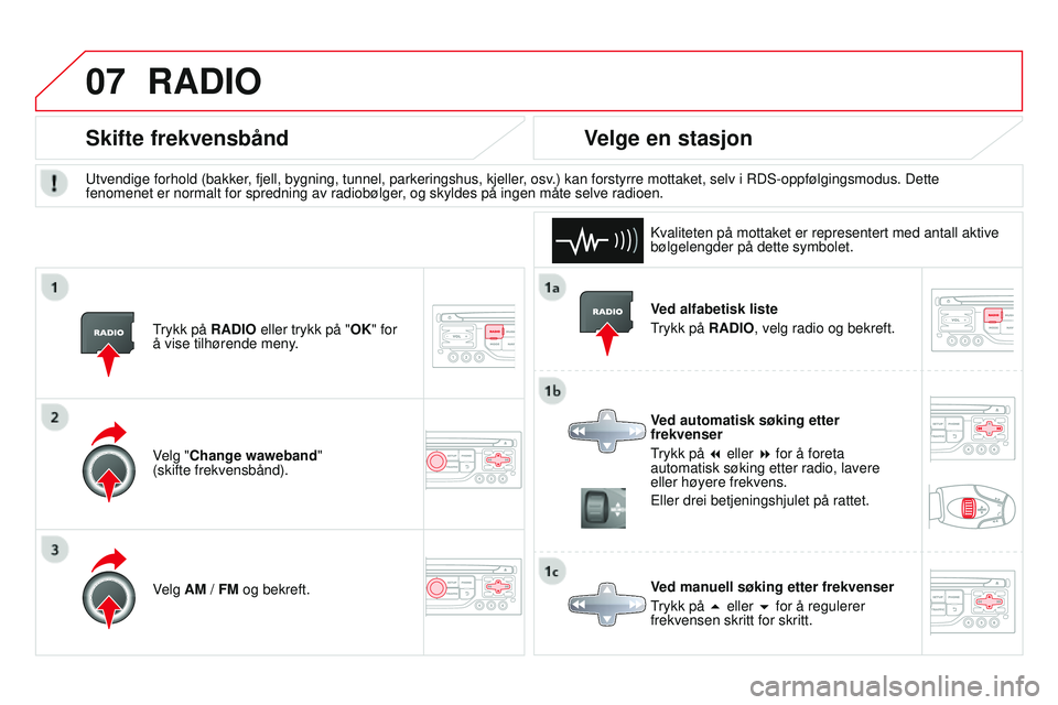 CITROEN DS3 CABRIO 2015  InstruksjonsbØker (in Norwegian) 07
DS3_no_Chap13b_rT6-2-8_ed01-2014
Ved alfabetisk liste
Trykk på RA
d IO, velg radio og bekreft.
Ved automatisk søking etter 
frekvenser
Trykk på 7 eller 8 for å foreta 
automatisk søking etter 