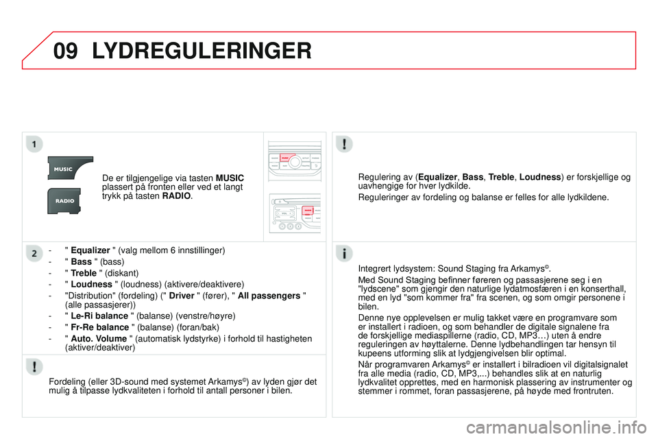 CITROEN DS3 CABRIO 2015  InstruksjonsbØker (in Norwegian) 09
DS3_no_Chap13b_rT6-2-8_ed01-2014
LYd REG u LERINGER
De er tilgjengelige via tasten  M u SI c  
plassert på fronten eller ved et langt 
trykk på tasten RA
d IO.
-
 
"  Equalizer " (valg me