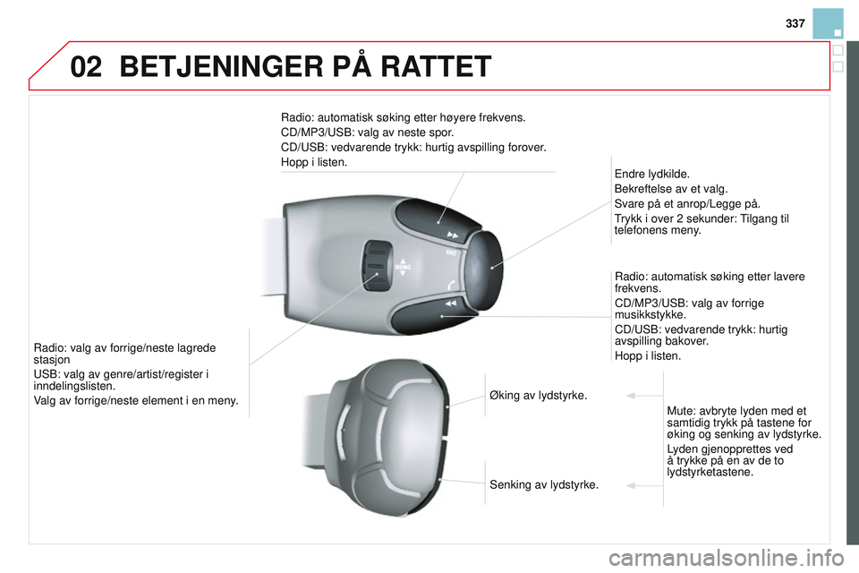 CITROEN DS3 CABRIO 2015 InstruksjonsbØker (in Norwegian) 02
337
DS3_no_Chap13c_rD45_ed01_2014
BETJENINGER PÅ RATTET
radio: automatisk søking etter høyere frekvens.
CD/MP3/ u SB: valg av neste spor.
CD/
u SB: vedvarende trykk: hurtig avspilling forover.
H CITROEN DS3 CABRIO 2015 InstruksjonsbØker (in Norwegian) 02
337
DS3_no_Chap13c_rD45_ed01_2014
BETJENINGER PÅ RATTET
radio: automatisk søking etter høyere frekvens.
CD/MP3/ u SB: valg av neste spor.
CD/
u SB: vedvarende trykk: hurtig avspilling forover.
H
