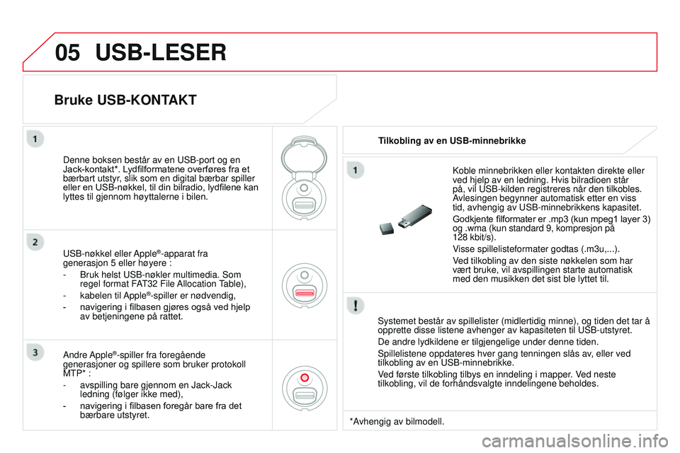 CITROEN DS3 CABRIO 2015 InstruksjonsbØker (in Norwegian) 05
DS3_no_Chap13c_rD45_ed01_2014
uSB-LESER
Systemet består av spillelister (midlertidig minne), og tiden det t\
ar å
opprette disse listene avhenger av kapasiteten til u SB-utstyret.
De andre lydki CITROEN DS3 CABRIO 2015 InstruksjonsbØker (in Norwegian) 05
DS3_no_Chap13c_rD45_ed01_2014
uSB-LESER
Systemet består av spillelister (midlertidig minne), og tiden det t\
ar å
opprette disse listene avhenger av kapasiteten til u SB-utstyret.
De andre lydki