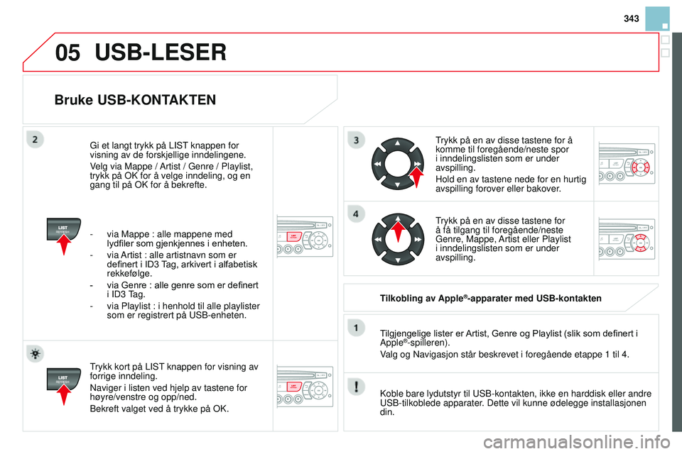 CITROEN DS3 CABRIO 2015 InstruksjonsbØker (in Norwegian) 05
343
DS3_no_Chap13c_rD45_ed01_2014
Bruke uSB-KONTAKTEN
Trykk kort på LiST knappen for visning av
forrige inndeling.
n
aviger i listen ved hjelp av tastene for
høyre/venstre og opp/ned.
Bekreft CITROEN DS3 CABRIO 2015 InstruksjonsbØker (in Norwegian) 05
343
DS3_no_Chap13c_rD45_ed01_2014
Bruke uSB-KONTAKTEN
Trykk kort på LiST knappen for visning av
forrige inndeling.
n
aviger i listen ved hjelp av tastene for
høyre/venstre og opp/ned.
Bekreft
